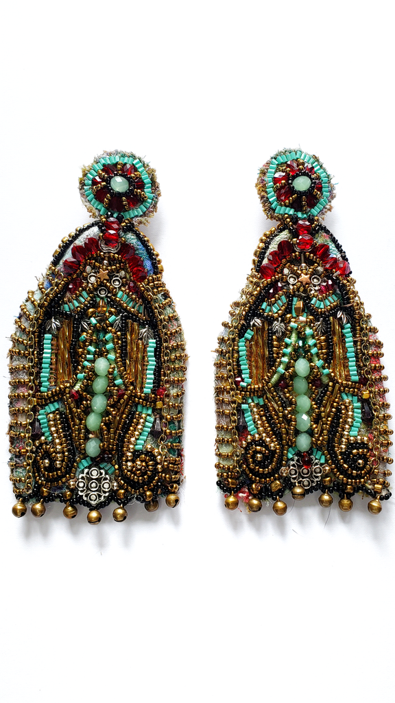 Udumelue Multi-Beaded Glass and Red Crystal Embellished Ornate Door Drop Earrings with Charm Bells