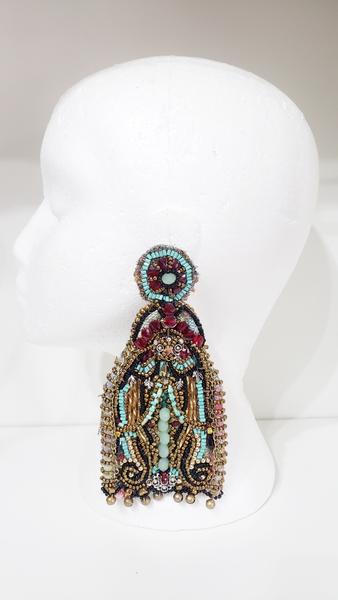 Udumelue Multi-Beaded Glass and Red Crystal Embellished Ornate Door Drop Earrings with Charm Bells