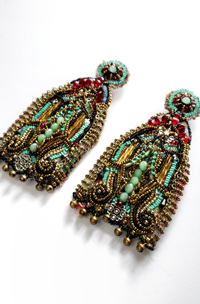 Udumelue Multi-Beaded Glass and Red Crystal Embellished Ornate Door Drop Earrings with Charm Bells
