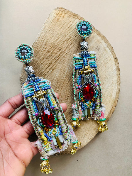 Iheaku Multi-Beaded Embellished Red Crystal Statement Drop Earrings