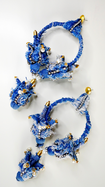 Ezihe Rhinestone And Denim Tulip Bud Hoop Drop Earrings