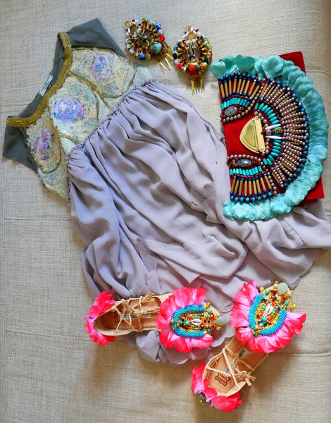 Asha Beaded and Rose Petals Embellished Raffia Ankle Ties Shoes