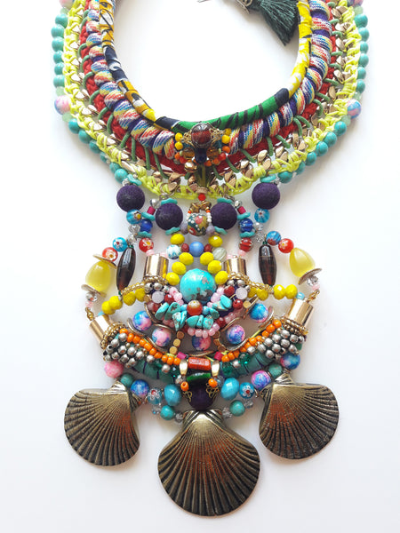 Khalo Multi Stone Brass Shell Pendant Drop Necklace