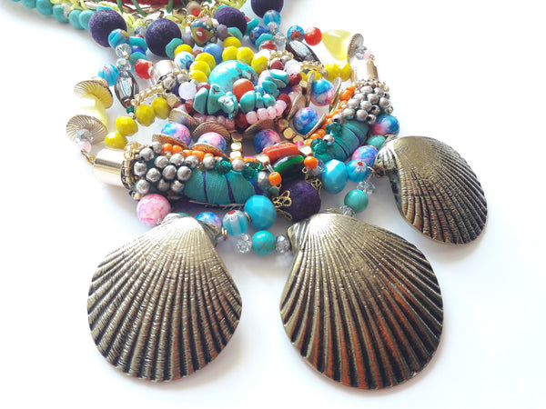 Khalo Multi Stone Brass Shell Pendant Drop Necklace