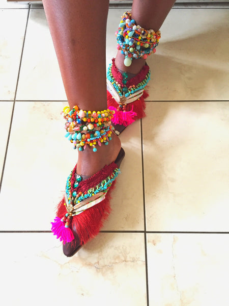 Valdis Beaded leather Tassel Slippers
