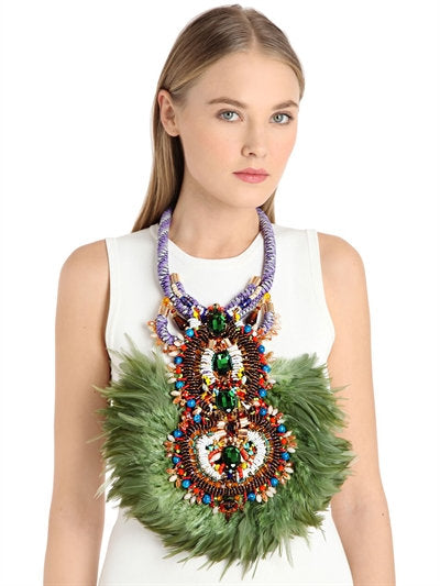 Allura Multi-Coloured Glass Beaded and  Swarovski Crystal Feather Necklace