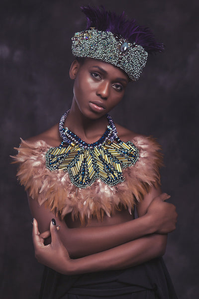 Tou Multi Beaded Brass Statement Feather Necklace