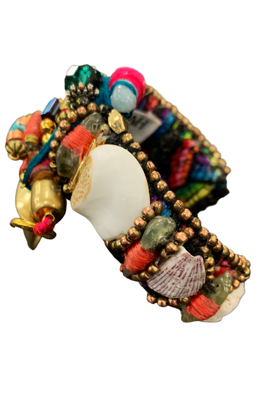 Akwaugo Aquamarine and Green Tourmaline Beaded Embellished Beach Stone Brass Pendant Cuff