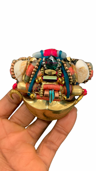 Akwaugo Aquamarine and Green Tourmaline Beaded Embellished Beach Stone Brass Pendant Cuff