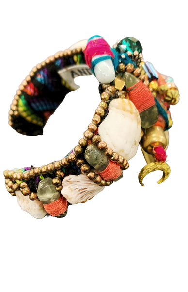 Akwaugo Aquamarine and Green Tourmaline Beaded Embellished Beach Stone Brass Pendant Cuff