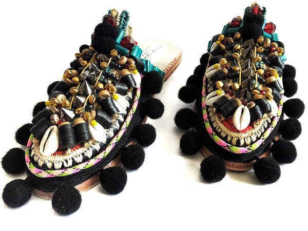 Amaka Beaded Pom-Pom Raffia And Leather Slippers