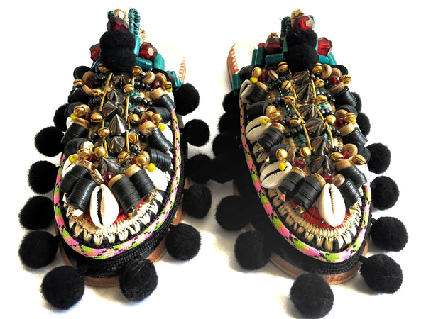 Amaka Beaded Pom-Pom Raffia And Leather Slippers