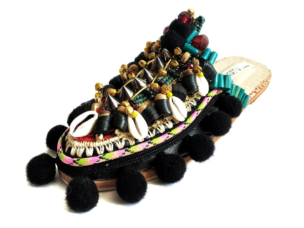 Amaka Beaded Pom-Pom Raffia And Leather Slippers