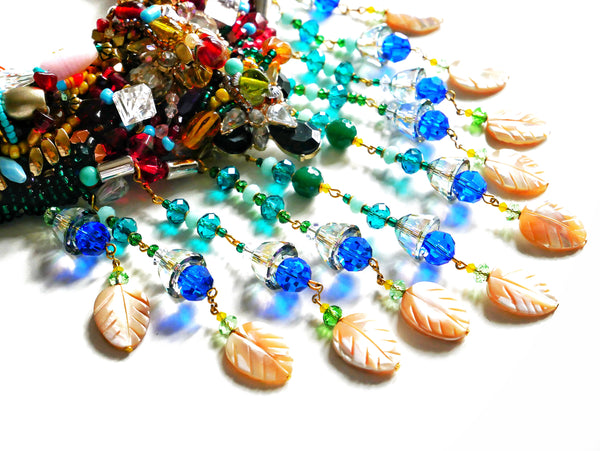 Amani Colourful Embellished Multi-Gemstone Mother of Pearl Tassel Drop Statement Necklace