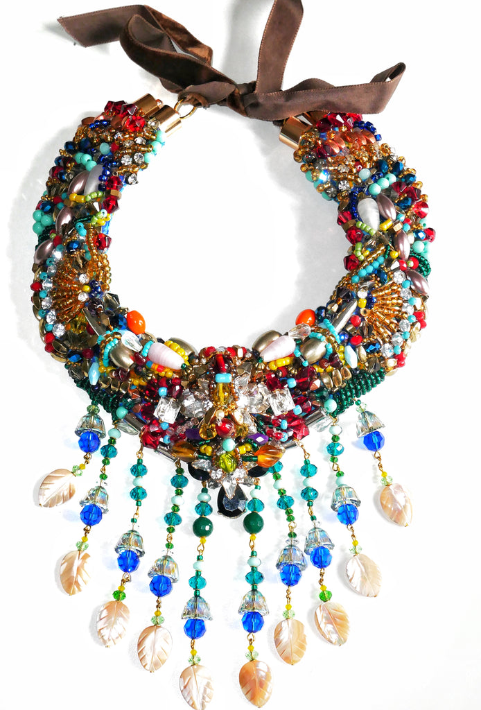Amani Colourful Embellished Multi-Gemstone Mother of Pearl Tassel Drop Statement Necklace
