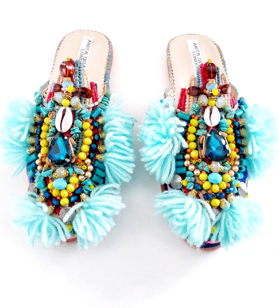 Anali Embellished Raffia And Leather Tassel Slippers