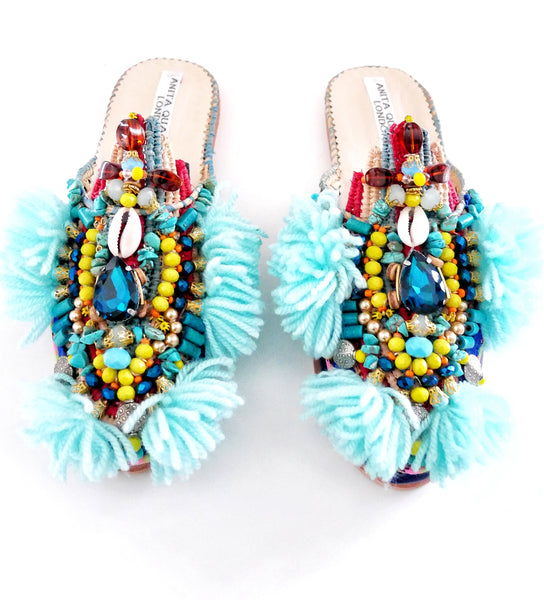 Anali Embellished Raffia And Leather Tassel Slippers