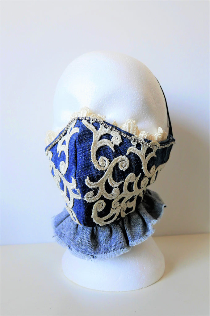 Appliqued Ruffled Lace and Denim Washable Face Mask