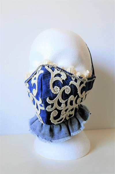 Appliqued Ruffled Lace and Denim Washable Face Mask