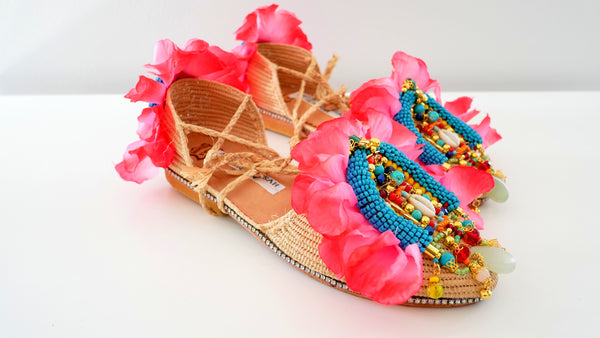 Asha Beaded and Rose Petals Embellished Raffia Ankle Ties Shoes