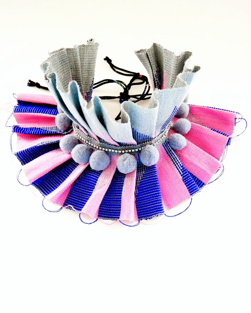 Rhinestones and Pom-poms Embellished High Neck Aso-Oke, Pleated Choker