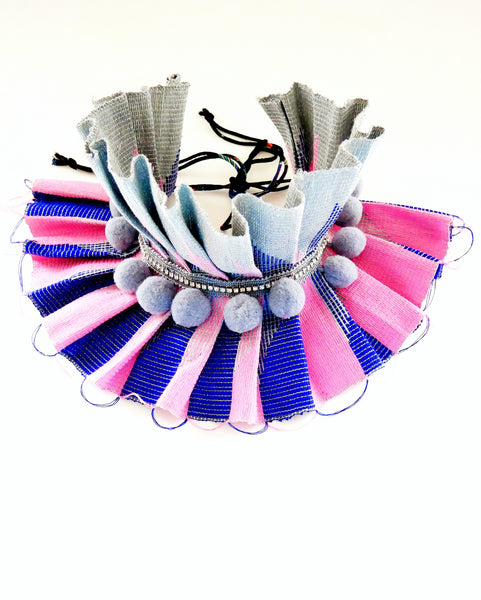 Rhinestones and Pom-poms Embellished High Neck Aso-Oke, Pleated Choker