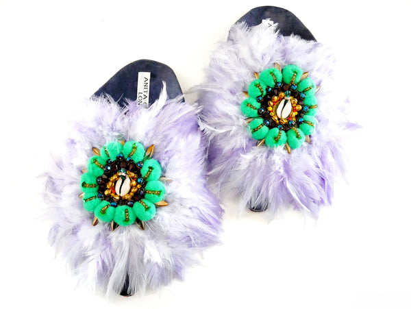 Baila Embellished Feather-Trim leather And Pom-Pom Mules