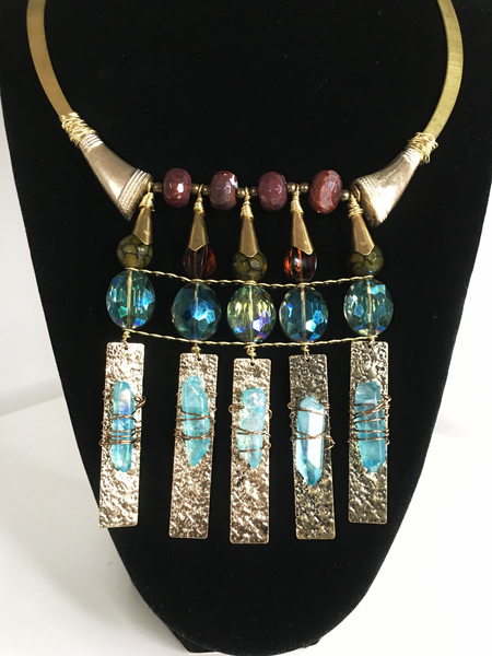 Braulia Gold Plated Recycled Hammered Brass Turquoise Blue Raw Natural Rock Titanium Crystal Wrapped Pendant Necklace With Botswana Agates and Madagascan Tourmaline Gemstones