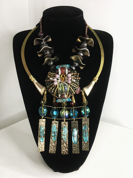 Braulia Gold Plated Recycled Hammered Brass Turquoise Blue Raw Natural Rock Titanium Crystal Wrapped Pendant Necklace With Botswana Agates and Madagascan Tourmaline Gemstones