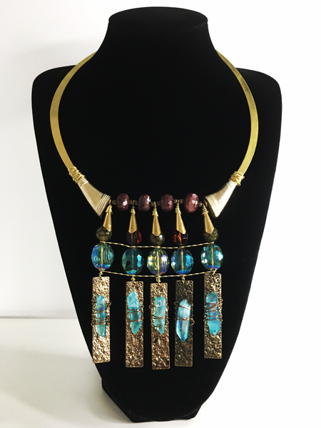 Braulia Gold Plated Recycled Hammered Brass Turquoise Blue Raw Natural Rock Titanium Crystal Wrapped Pendant Necklace With Botswana Agates and Madagascan Tourmaline Gemstones