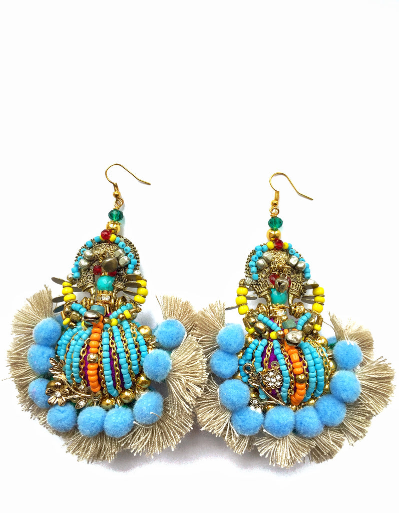 Carmella Beaded Tassel And Pom-Pom Earrings