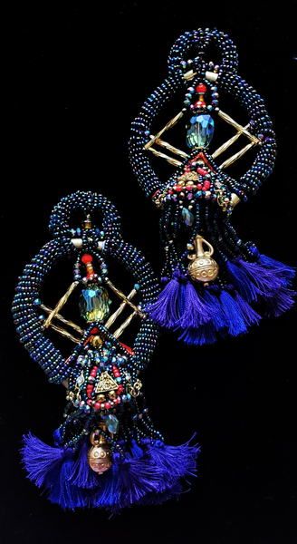 Chinenye Iridescent Glass Beaded Embellished Crystal Silk Tassel Earrings