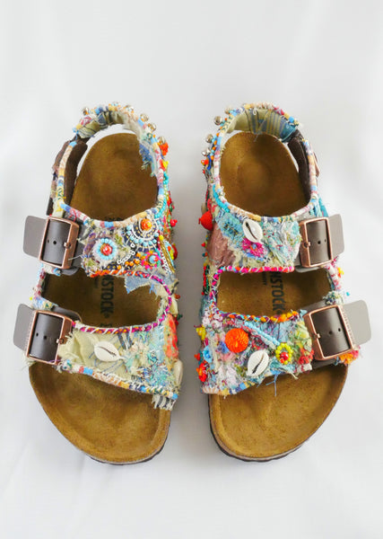 Custom Made Embroidered, Applique Multi-Beaded and Shell-Embellished Birkenstock Unisex Milano Regular Fit Double Strap Sandals