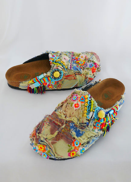 Custom Made Multi-Beaded-Embellished Patchwork Birkenstock Amsterdam Narrow Fit Clogs