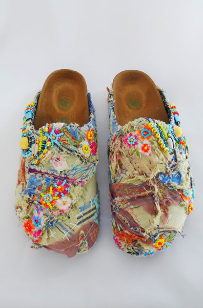 Custom Made Multi-Beaded-Embellished Patchwork Birkenstock Amsterdam Narrow Fit Clogs
