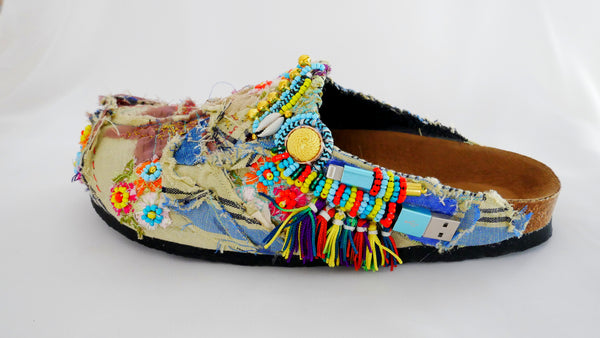 Custom Made Multi-Beaded-Embellished Patchwork Birkenstock Amsterdam Narrow Fit Clogs