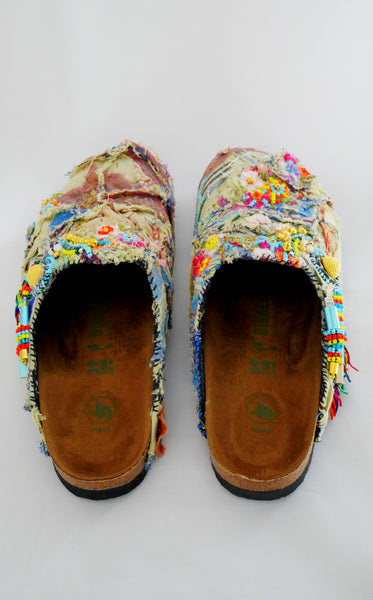 Custom Made Multi-Beaded-Embellished Patchwork Birkenstock Amsterdam Narrow Fit Clogs