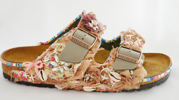 Custom Made Multi-Beaded Embellished Upcycled Flower Birkenstock Arizona Narrow Fit Double Strap Sandals