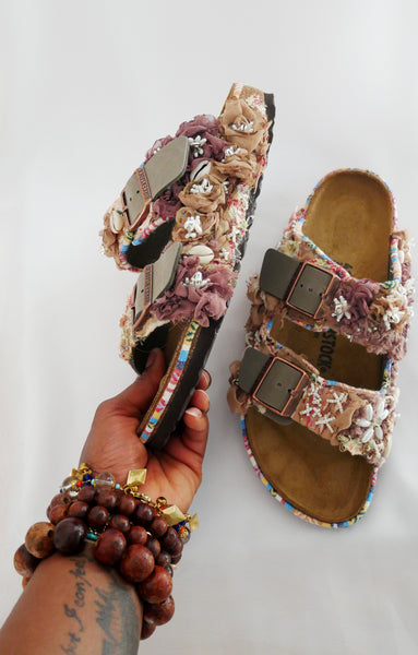 Custom Made Multi-Beaded Embellished Upcycled Flower Birkenstock Arizona Narrow Fit Double Strap Sandals