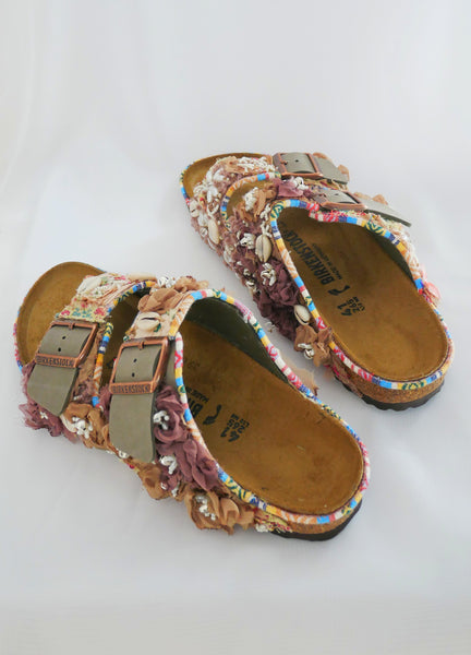 Custom Made Multi-Beaded Embellished Upcycled Flower Birkenstock Arizona Narrow Fit Double Strap Sandals