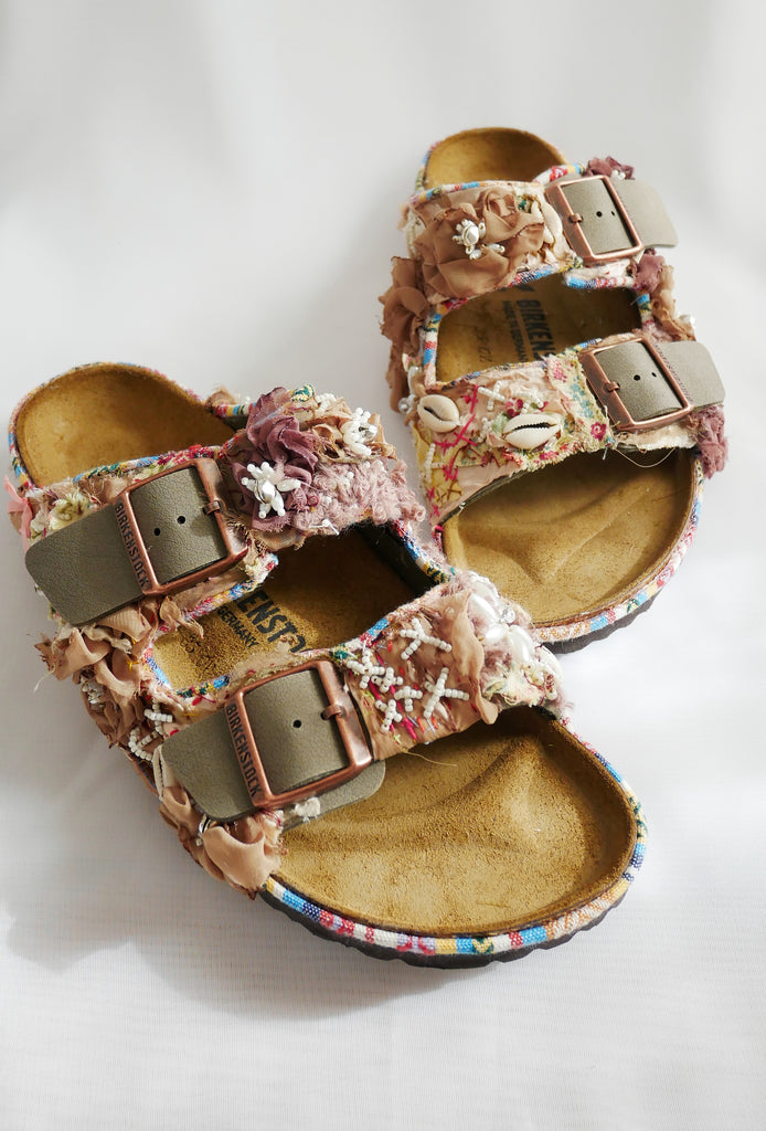 Custom Made Multi-Beaded Embellished Upcycled Flower Birkenstock Arizona Narrow Fit Double Strap Sandals