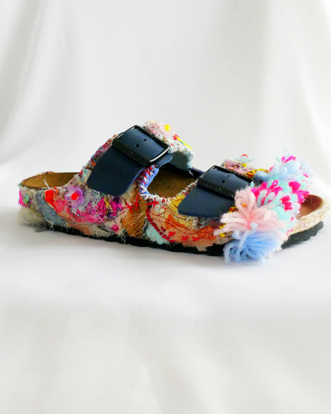 Custom Made Upcycled Embroidered Applique, Multi-Beaded Embellished Tassel Birkenstock Arizona Narrow Fit Double Strap Sandals