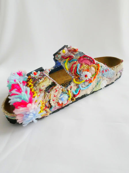 Custom Made Upcycled Embroidered Applique, Multi-Beaded Embellished Tassel Birkenstock Arizona Narrow Fit Double Strap Sandals