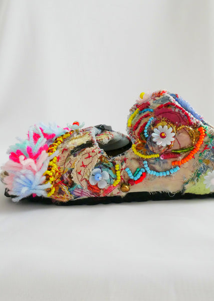 Custom Made Upcycled Embroidered Applique, Multi-Beaded Embellished Tassel Birkenstock Arizona Narrow Fit Double Strap Sandals