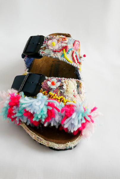 Custom Made Upcycled Embroidered Applique, Multi-Beaded Embellished Tassel Birkenstock Arizona Narrow Fit Double Strap Sandals