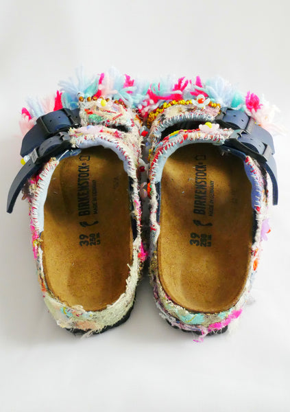 Custom Made Upcycled Embroidered Applique, Multi-Beaded Embellished Tassel Birkenstock Arizona Narrow Fit Double Strap Sandals