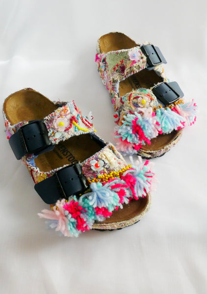 Custom Made Upcycled Embroidered Applique, Multi-Beaded Embellished Tassel Birkenstock Arizona Narrow Fit Double Strap Sandals