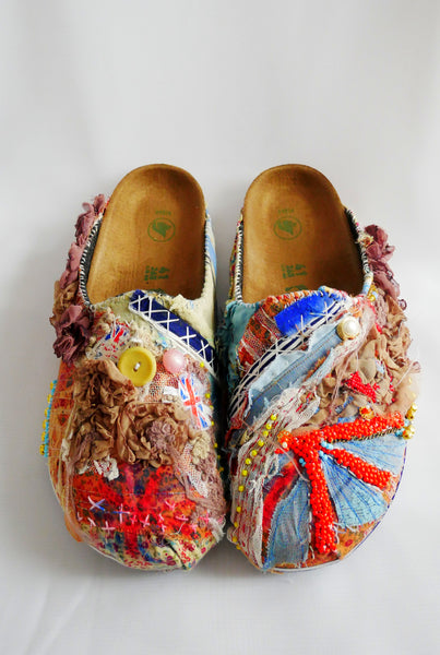 Custom Made Union Jack Embroidered, Applique, Multi-Beaded-Embellished, Birkenstock Amsterdam Narrow Fit Clogs