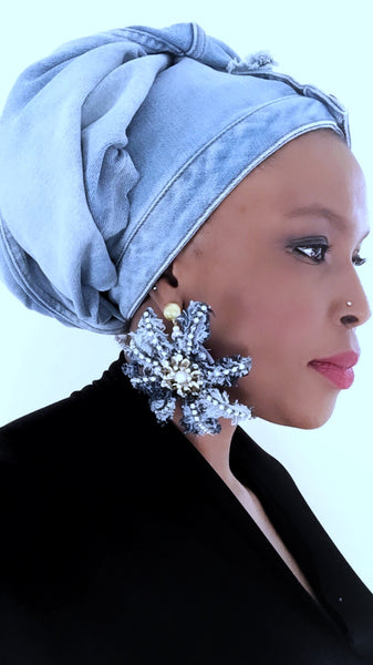 Noyin Crystal-Embellished Distressed Denim Oversized Bloom Earrings