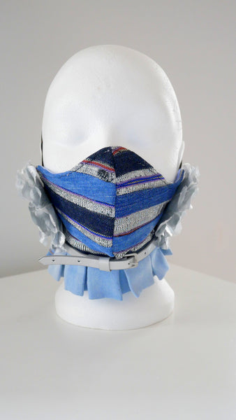 Reusable, Washable Denim and Vintage Aso-Oke Belted Rosette Face Mask